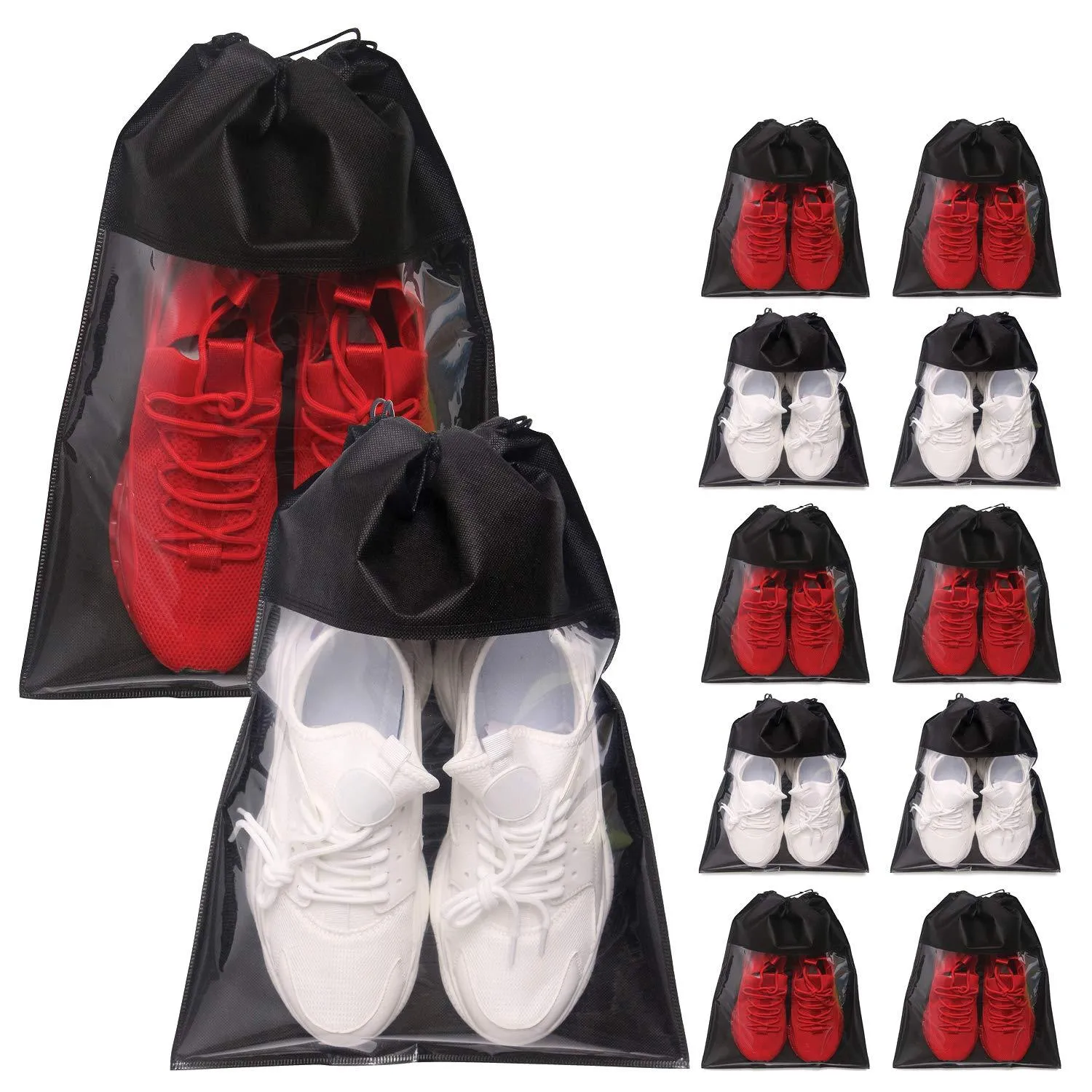 12 Pack Portable Shoe Bags for Travel Large Shoes Pouch Storage Organizer Clear Window with Drawstring for Men and Women Black Black 12pack