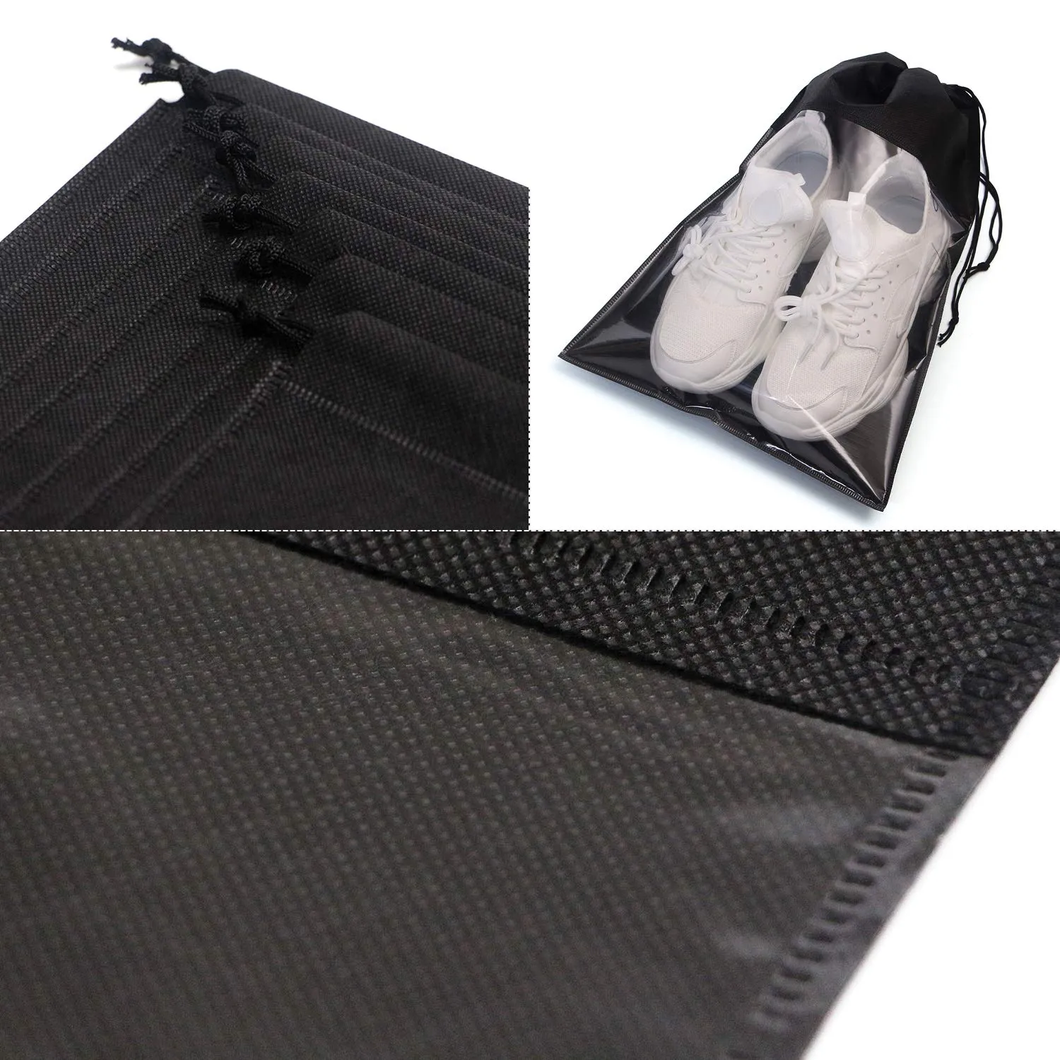 12 Pack Portable Shoe Bags for Travel Large Shoes Pouch Storage Organizer Clear Window with Drawstring for Men and Women Black Black 12pack