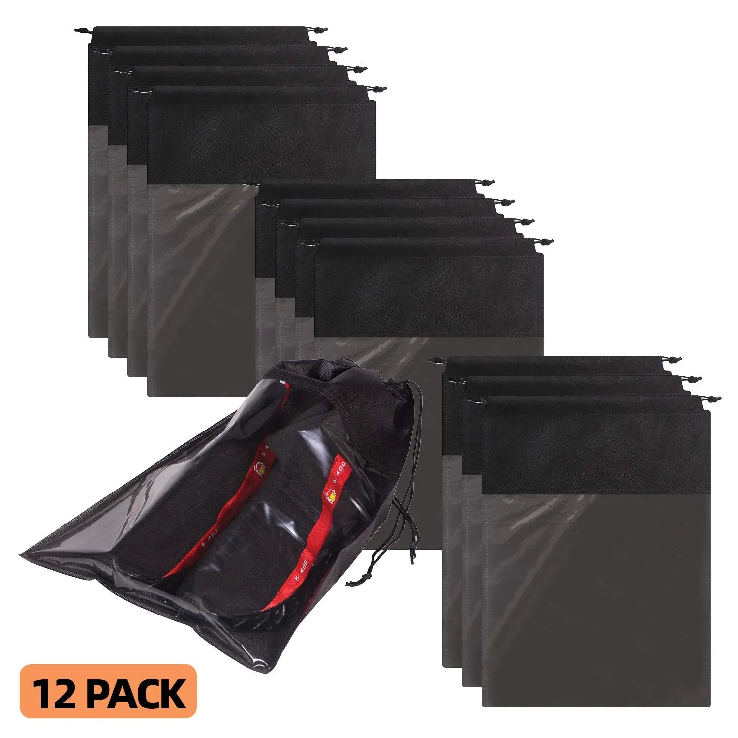 12 Pack Portable Shoe Bags for Travel Large Shoes Pouch Storage Organizer Clear Window with Drawstring for Men and Women Black Black 12pack