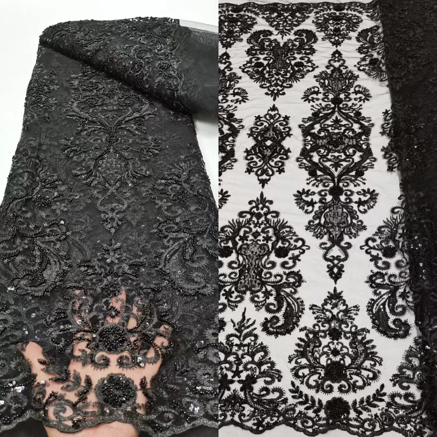 5 YARDS / 12 COLORS / Ambrine Regal Damask Beaded Glitter Embroidery Mesh Lace  Party Prom Bridal Dress Fabric