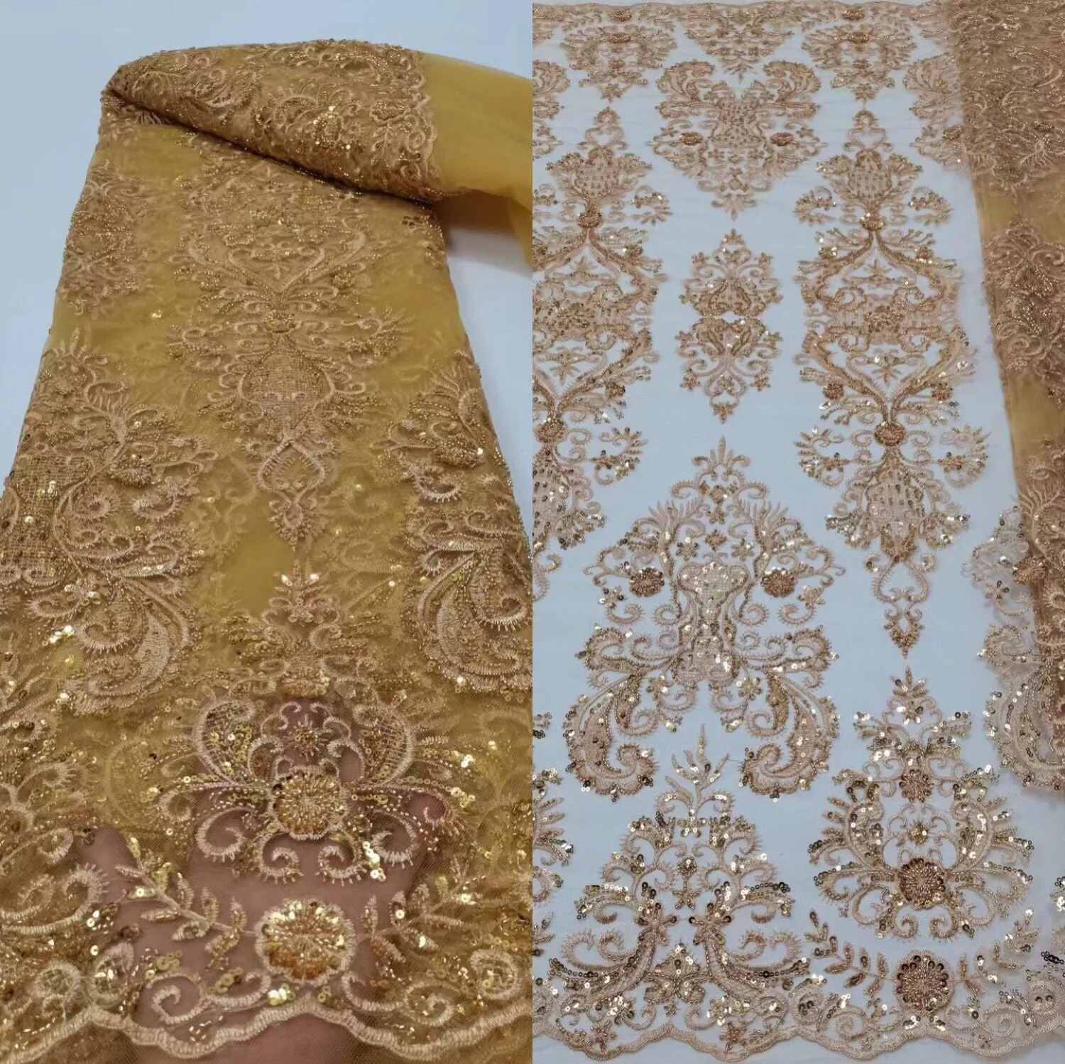 5 YARDS / 12 COLORS / Ambrine Regal Damask Beaded Glitter Embroidery Mesh Lace  Party Prom Bridal Dress Fabric