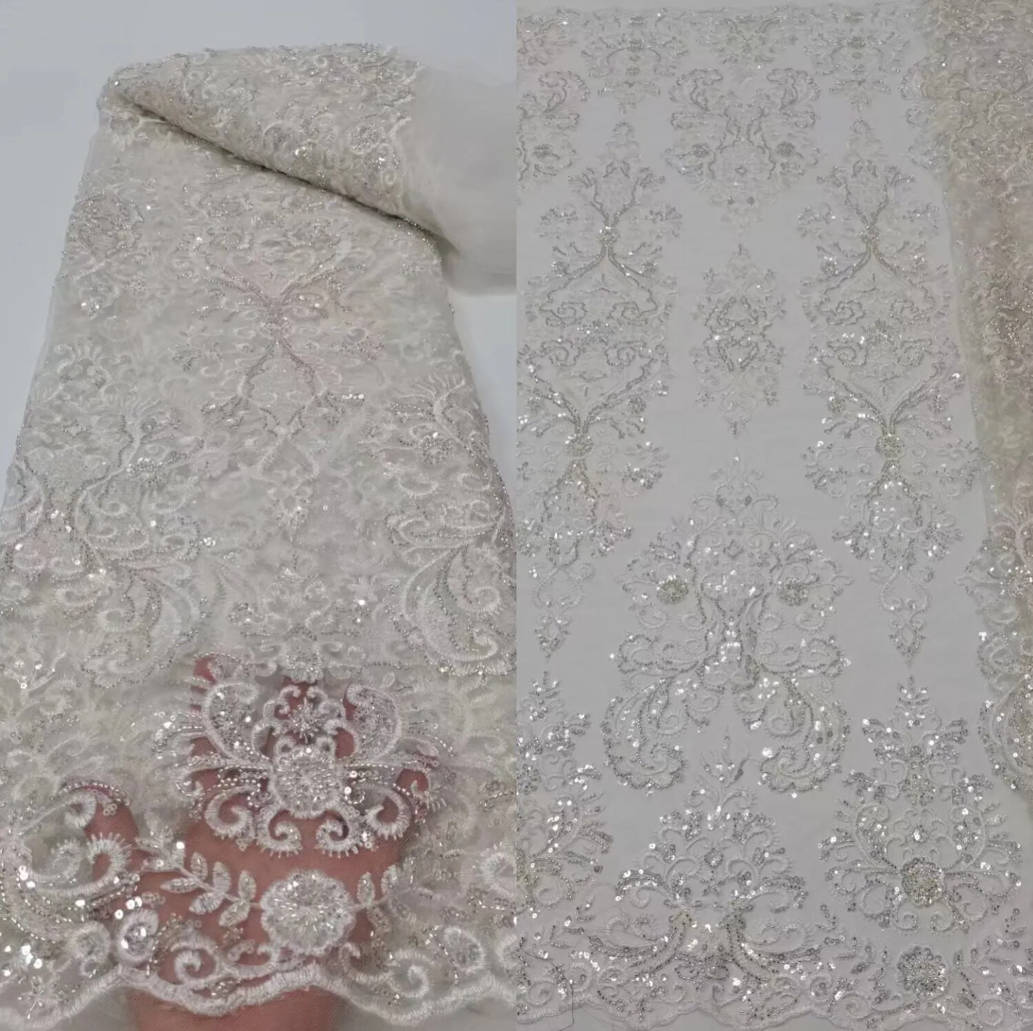 5 YARDS / 12 COLORS / Ambrine Regal Damask Beaded Glitter Embroidery Mesh Lace  Party Prom Bridal Dress Fabric