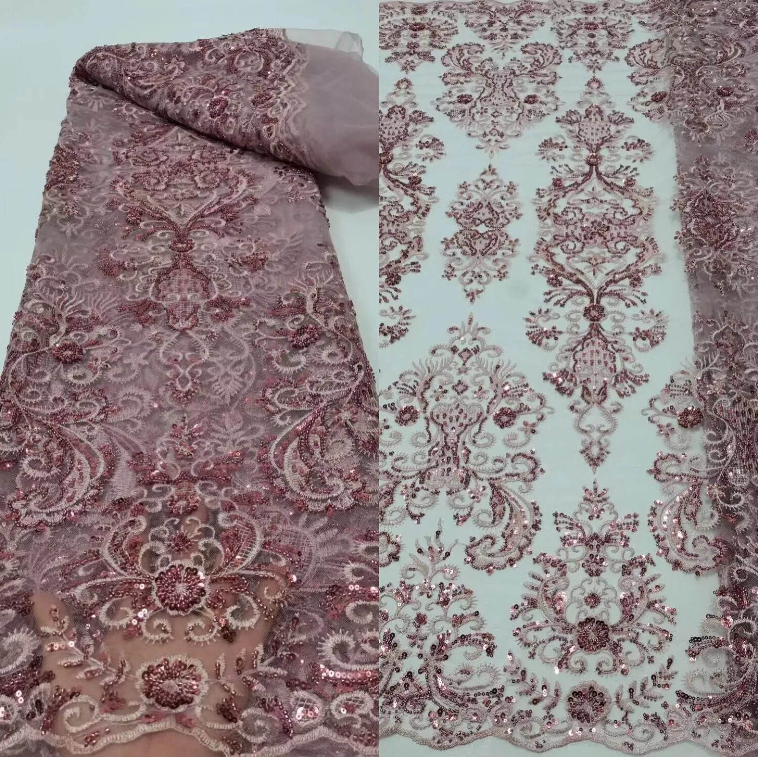 5 YARDS / 12 COLORS / Ambrine Regal Damask Beaded Glitter Embroidery Mesh Lace  Party Prom Bridal Dress Fabric