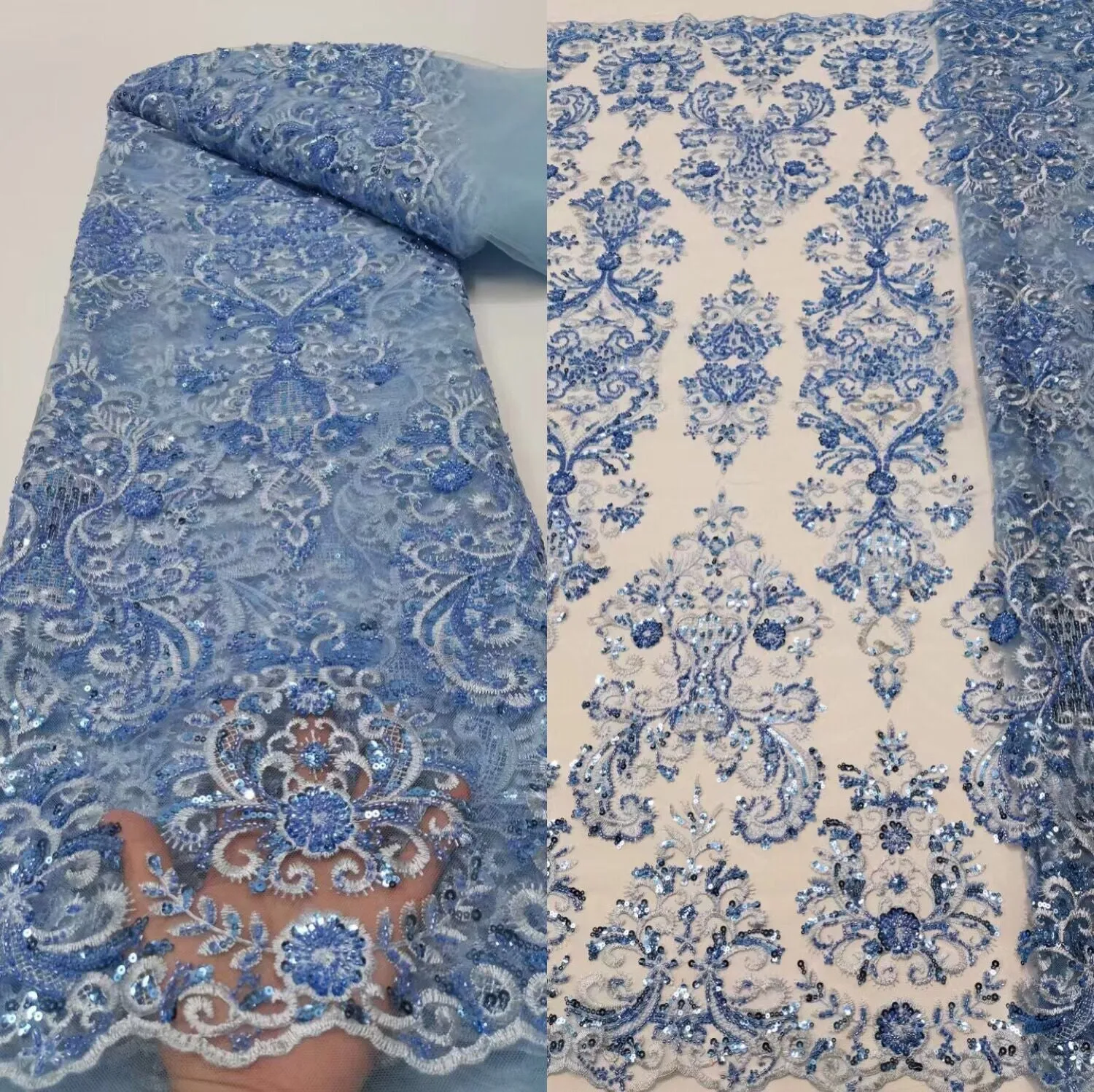 5 YARDS / 12 COLORS / Ambrine Regal Damask Beaded Glitter Embroidery Mesh Lace  Party Prom Bridal Dress Fabric