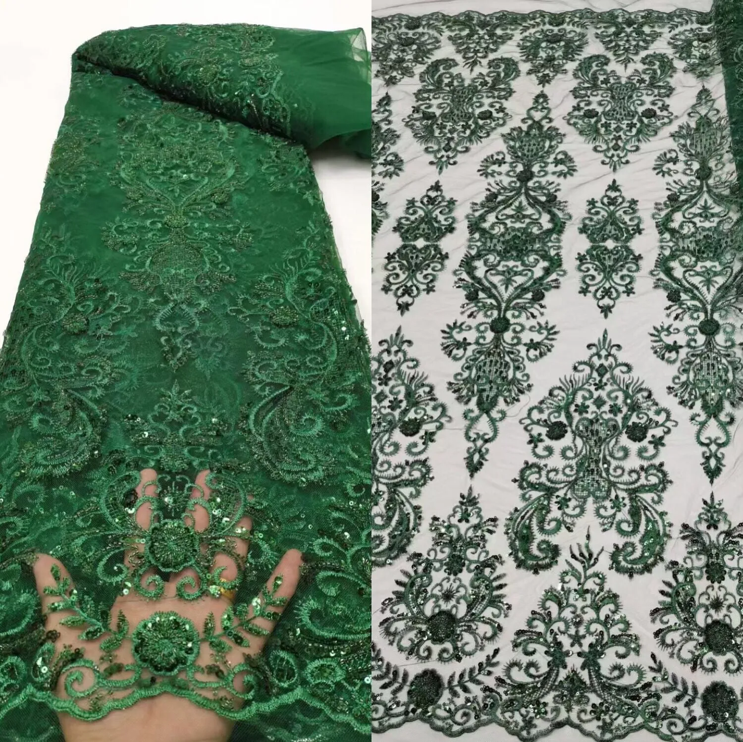 5 YARDS / 12 COLORS / Ambrine Regal Damask Beaded Glitter Embroidery Mesh Lace  Party Prom Bridal Dress Fabric