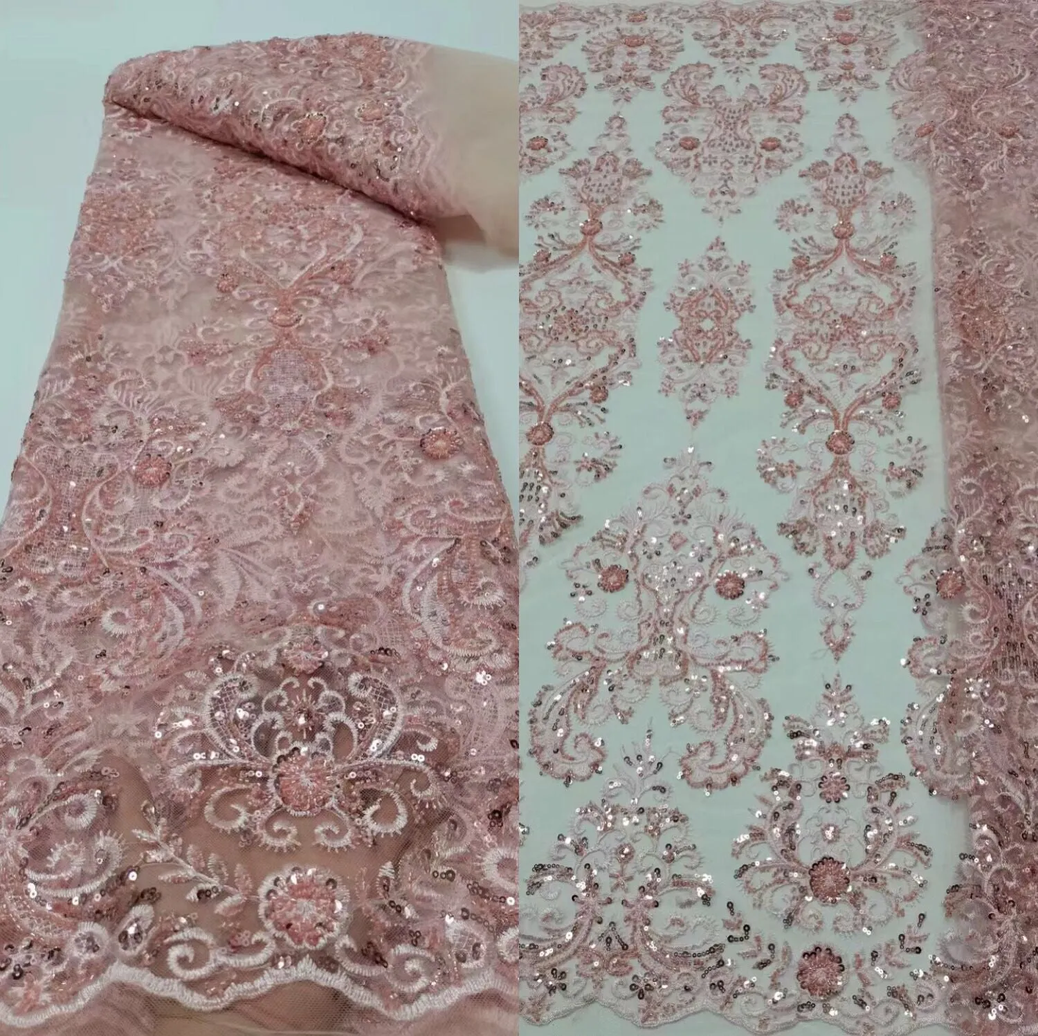 5 YARDS / 12 COLORS / Ambrine Regal Damask Beaded Glitter Embroidery Mesh Lace  Party Prom Bridal Dress Fabric