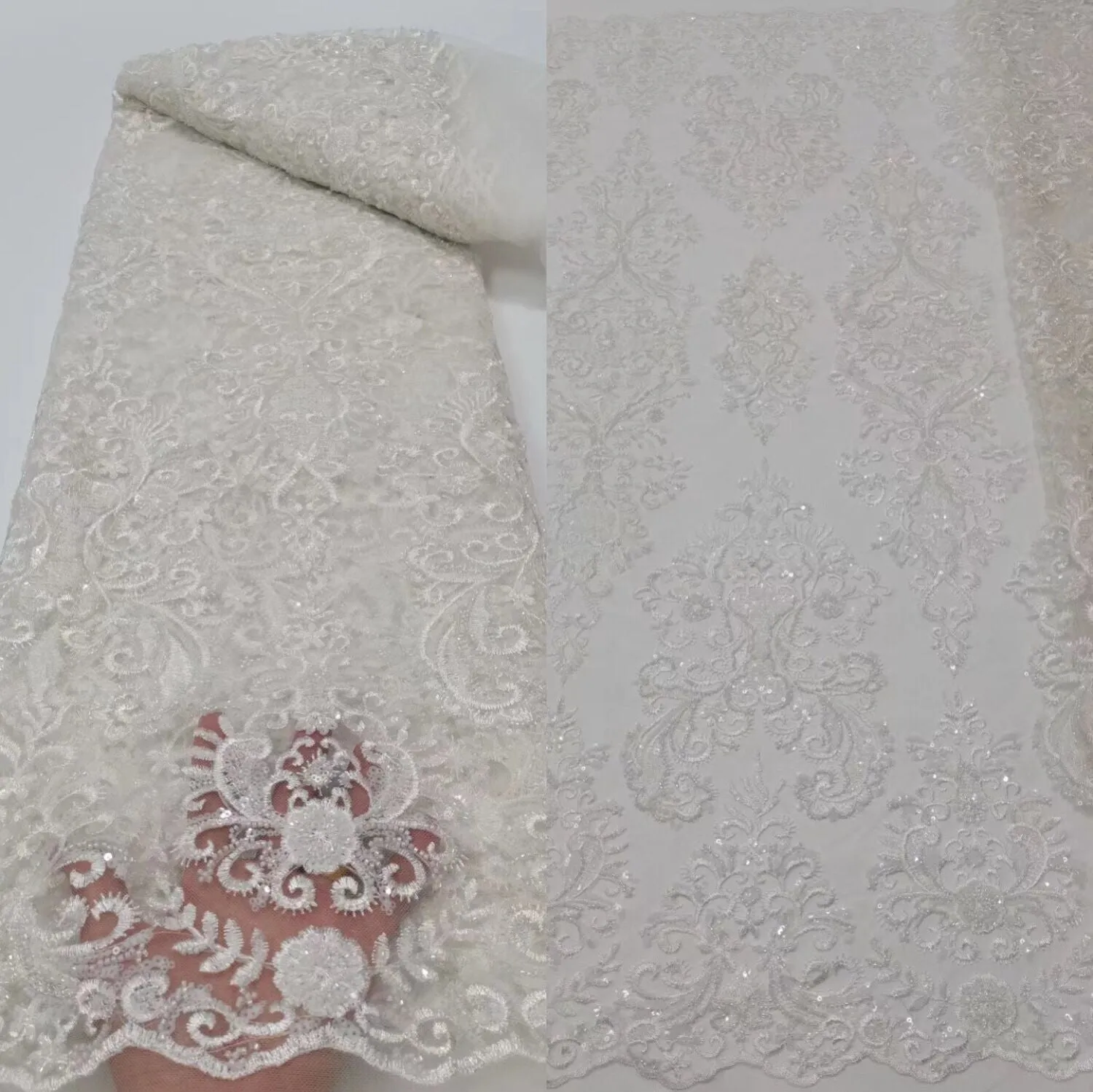 5 YARDS / 12 COLORS / Ambrine Regal Damask Beaded Glitter Embroidery Mesh Lace  Party Prom Bridal Dress Fabric