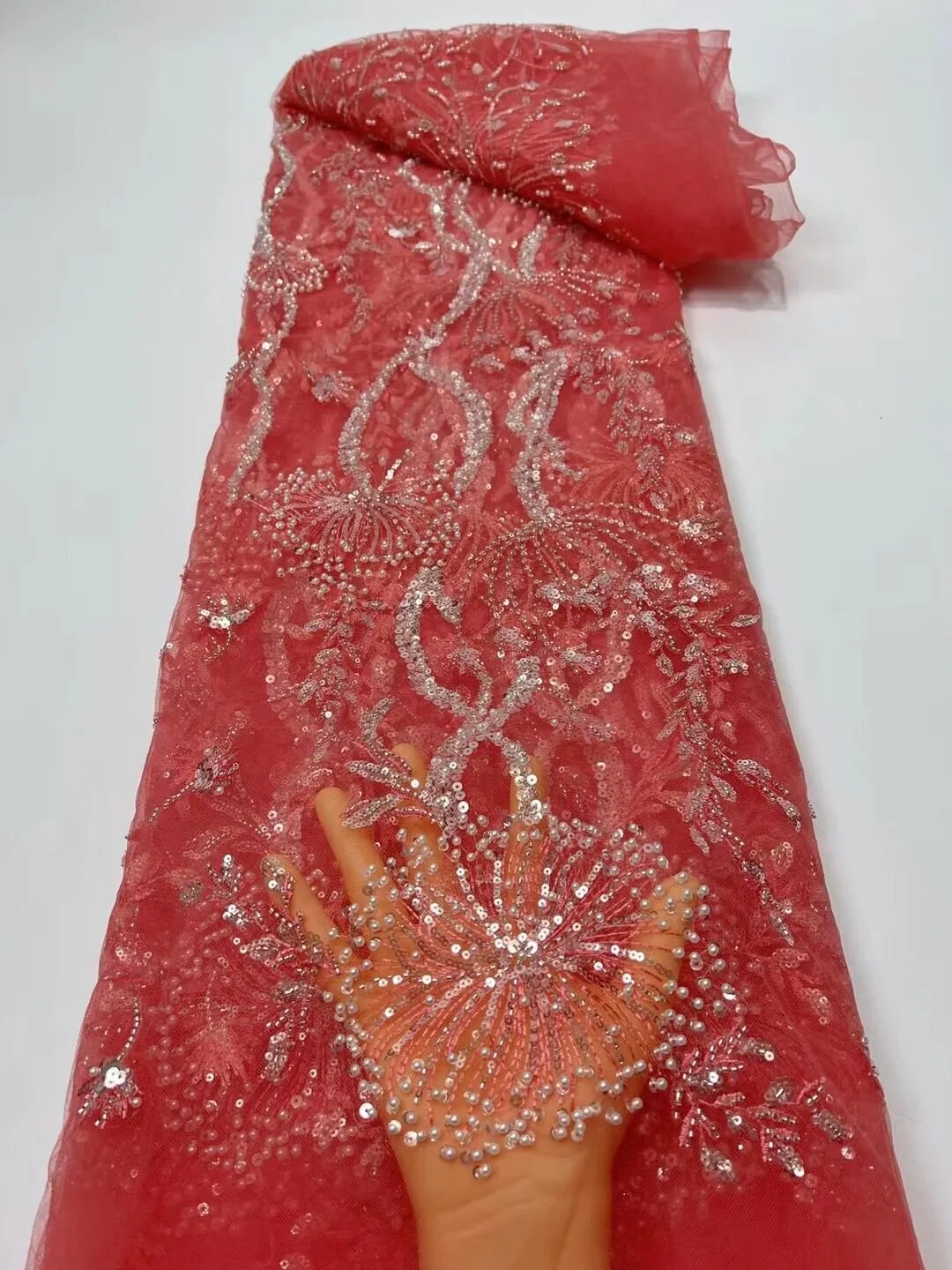 5 YARDS / 15 COLORS / Feriel Scroll Floral Beaded Glitter Embroidery Mesh Lace  Party Prom Bridal Dress Fabric