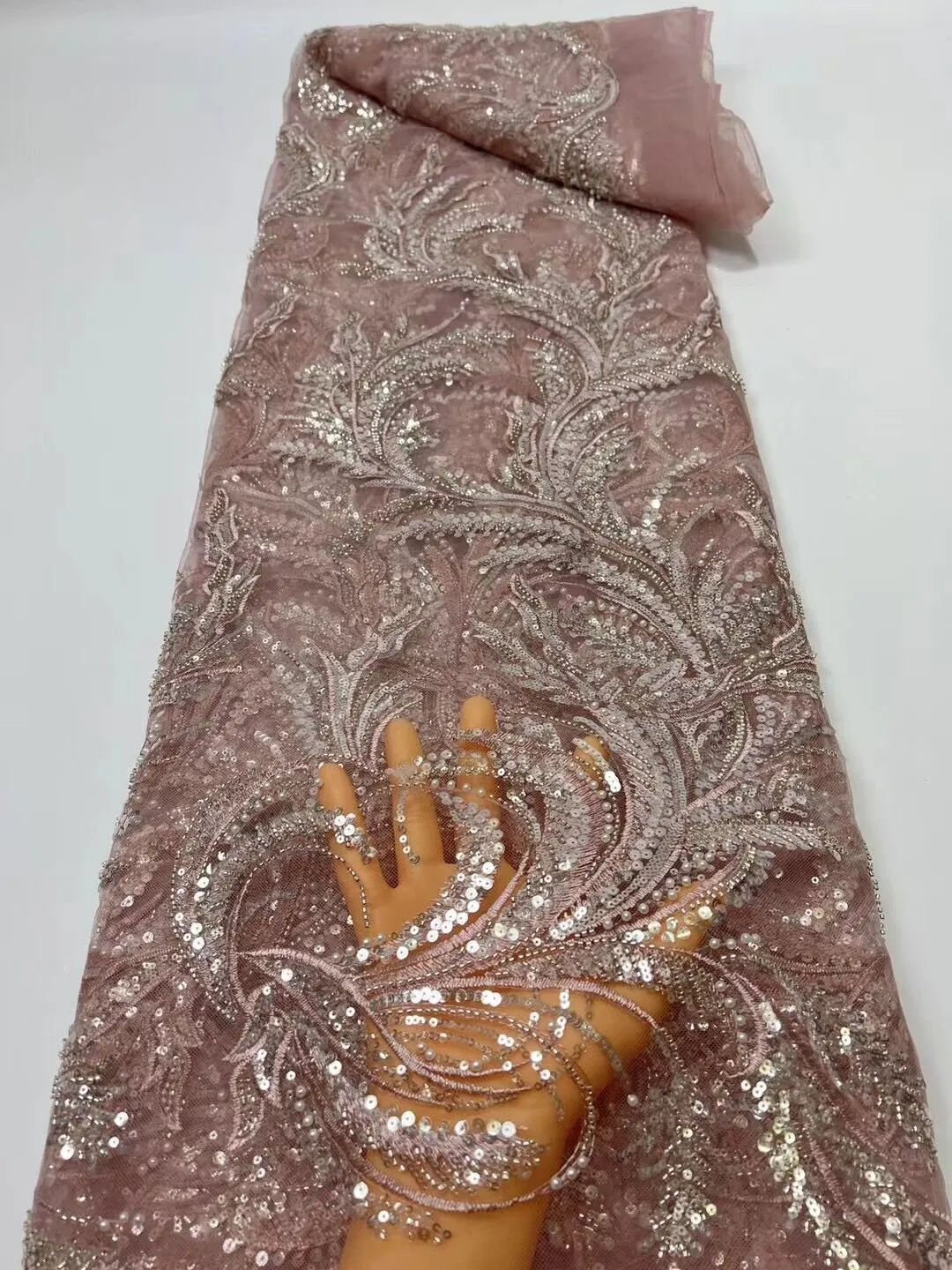 5 YARDS / 15 COLORS / Feriel Scroll Floral Beaded Glitter Embroidery Mesh Lace  Party Prom Bridal Dress Fabric