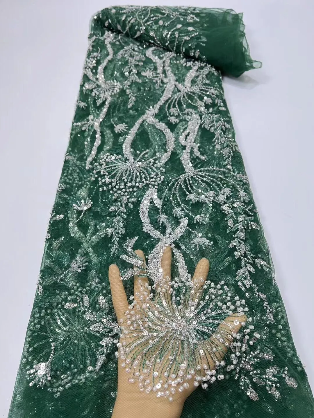 5 YARDS / 15 COLORS / Feriel Scroll Floral Beaded Glitter Embroidery Mesh Lace  Party Prom Bridal Dress Fabric