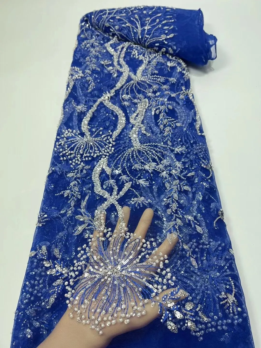 5 YARDS / 15 COLORS / Feriel Scroll Floral Beaded Glitter Embroidery Mesh Lace  Party Prom Bridal Dress Fabric