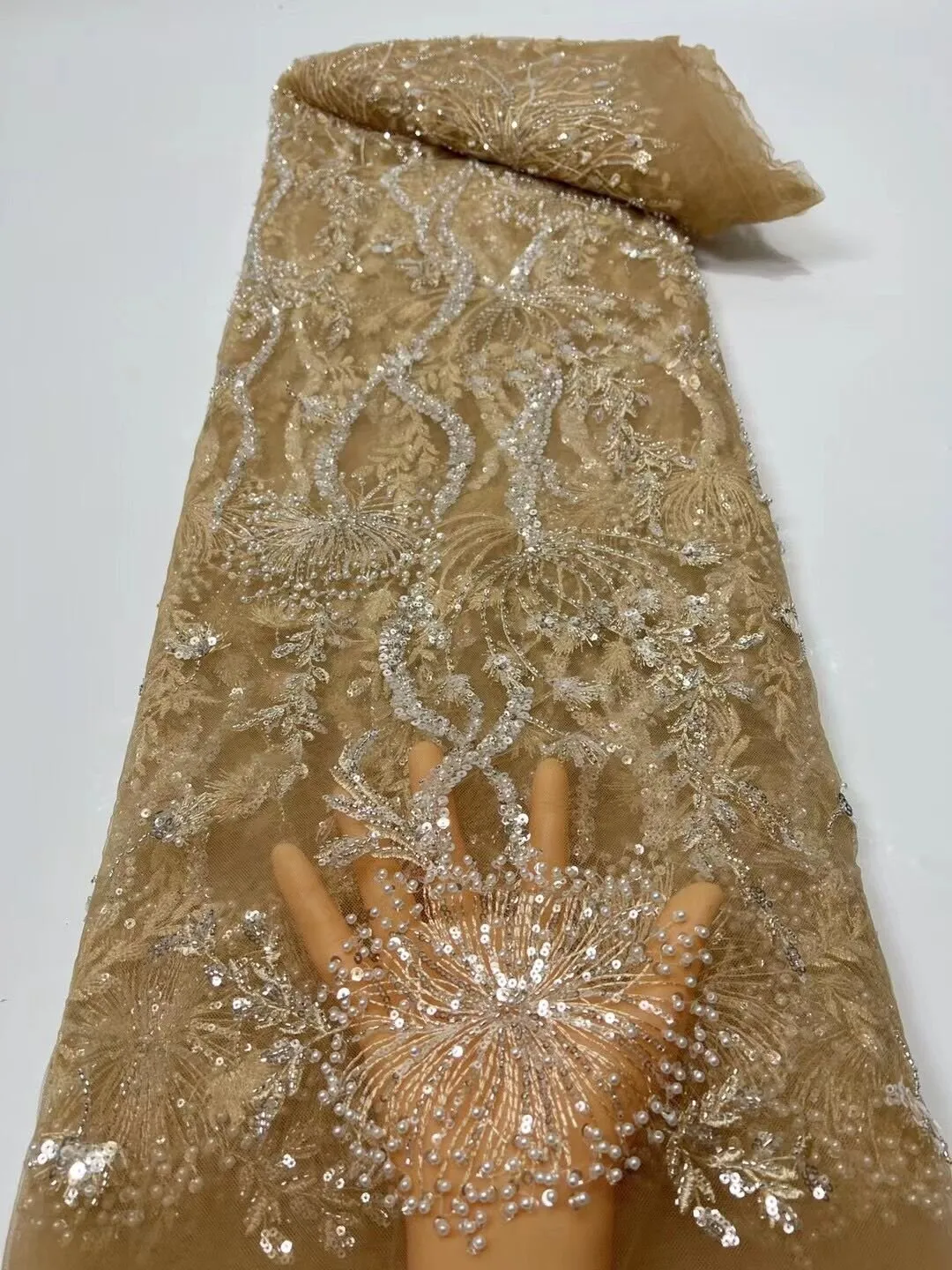 5 YARDS / 15 COLORS / Feriel Scroll Floral Beaded Glitter Embroidery Mesh Lace  Party Prom Bridal Dress Fabric