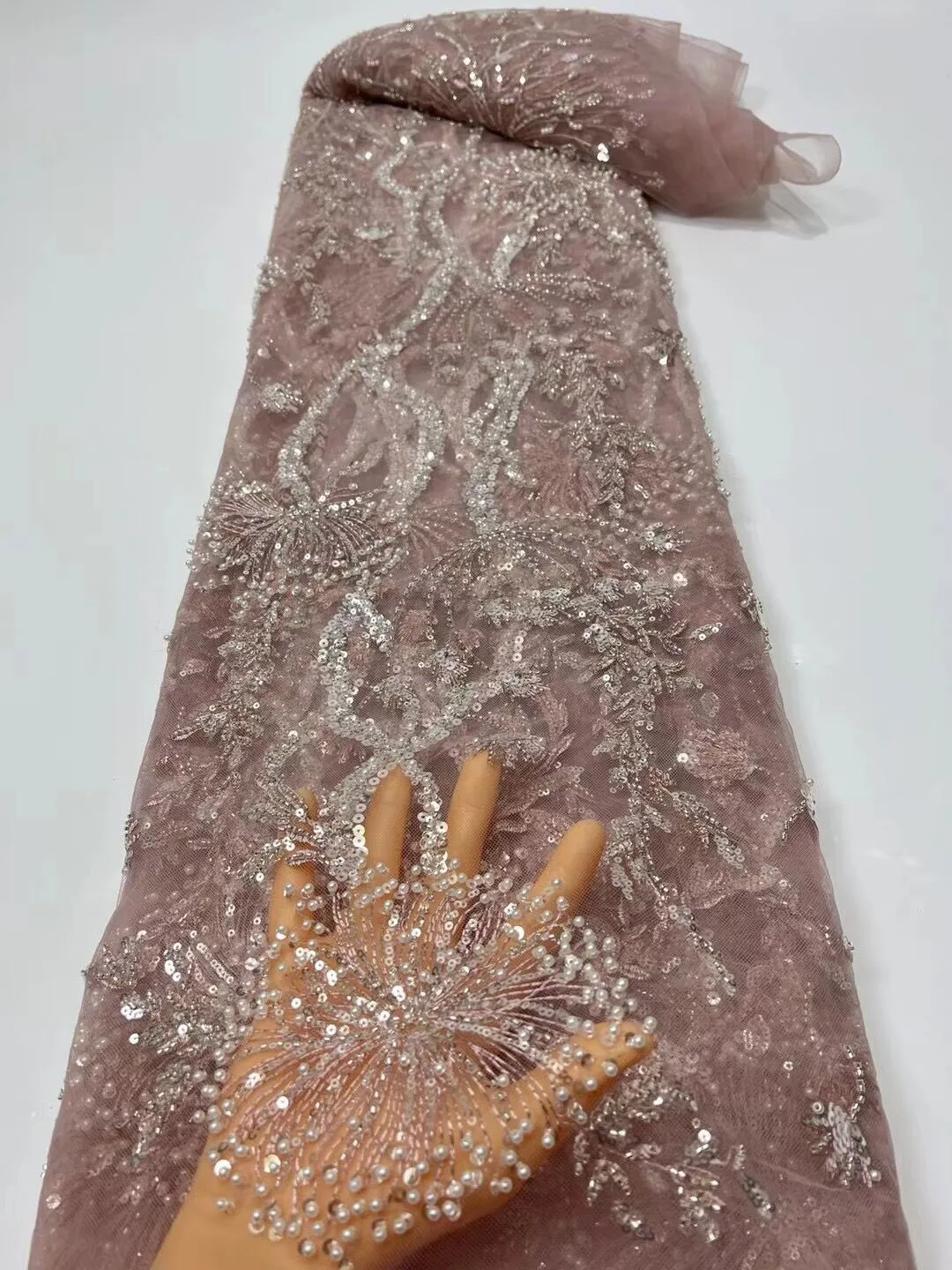 5 YARDS / 15 COLORS / Feriel Scroll Floral Beaded Glitter Embroidery Mesh Lace  Party Prom Bridal Dress Fabric