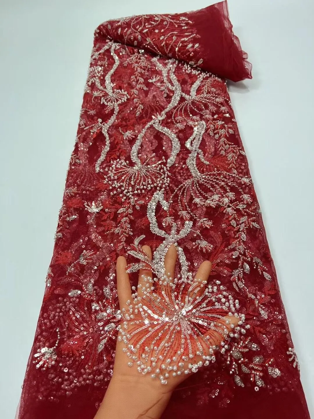 5 YARDS / 15 COLORS / Feriel Scroll Floral Beaded Glitter Embroidery Mesh Lace  Party Prom Bridal Dress Fabric