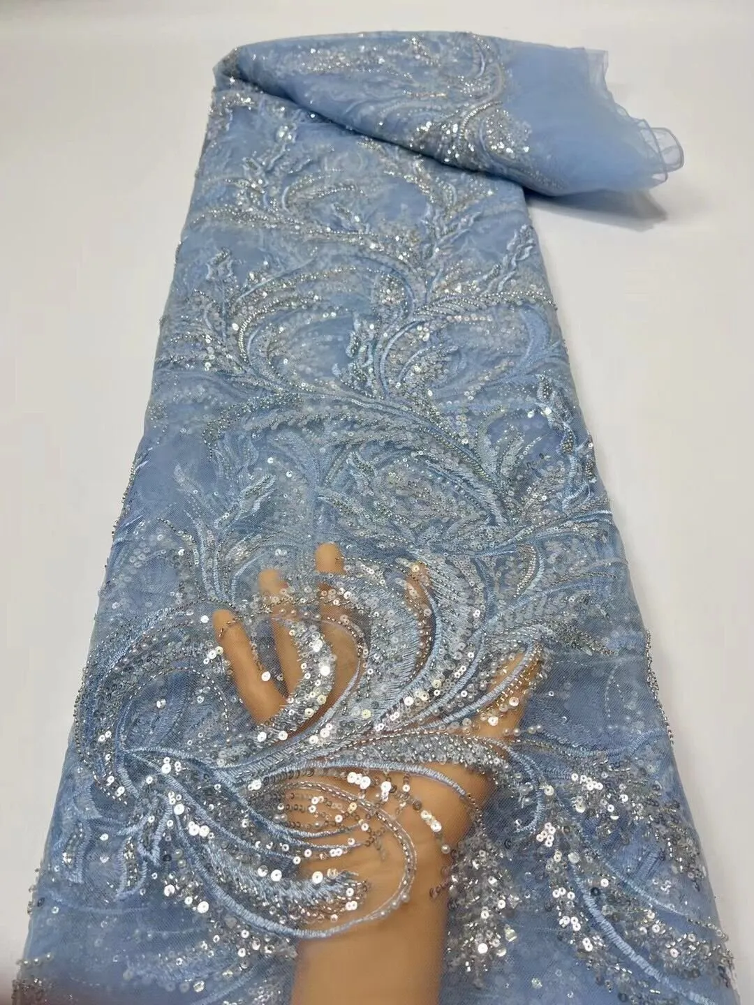 5 YARDS / 15 COLORS / Feriel Scroll Floral Beaded Glitter Embroidery Mesh Lace  Party Prom Bridal Dress Fabric