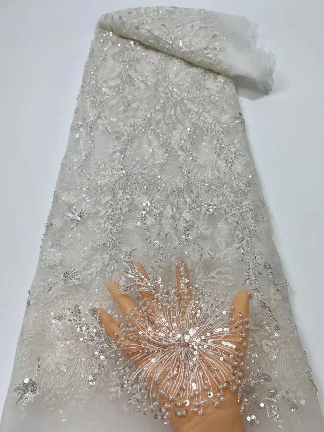 5 YARDS / 15 COLORS / Feriel Scroll Floral Beaded Glitter Embroidery Mesh Lace  Party Prom Bridal Dress Fabric