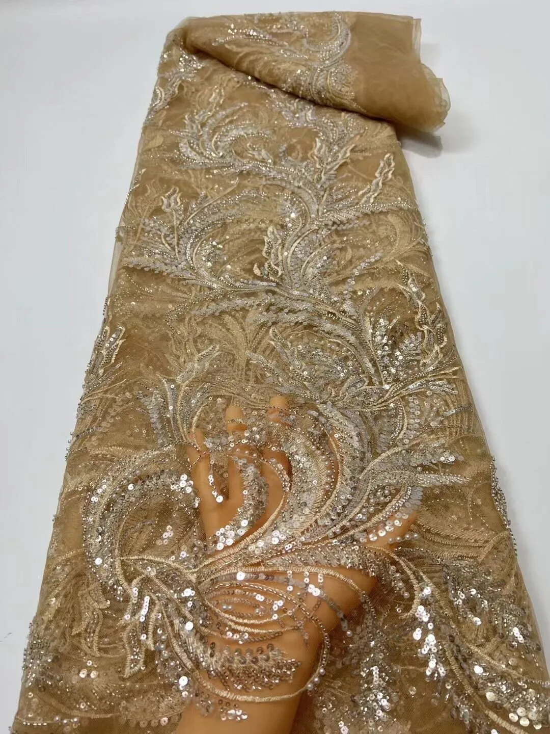 5 YARDS / 15 COLORS / Feriel Scroll Floral Beaded Glitter Embroidery Mesh Lace  Party Prom Bridal Dress Fabric