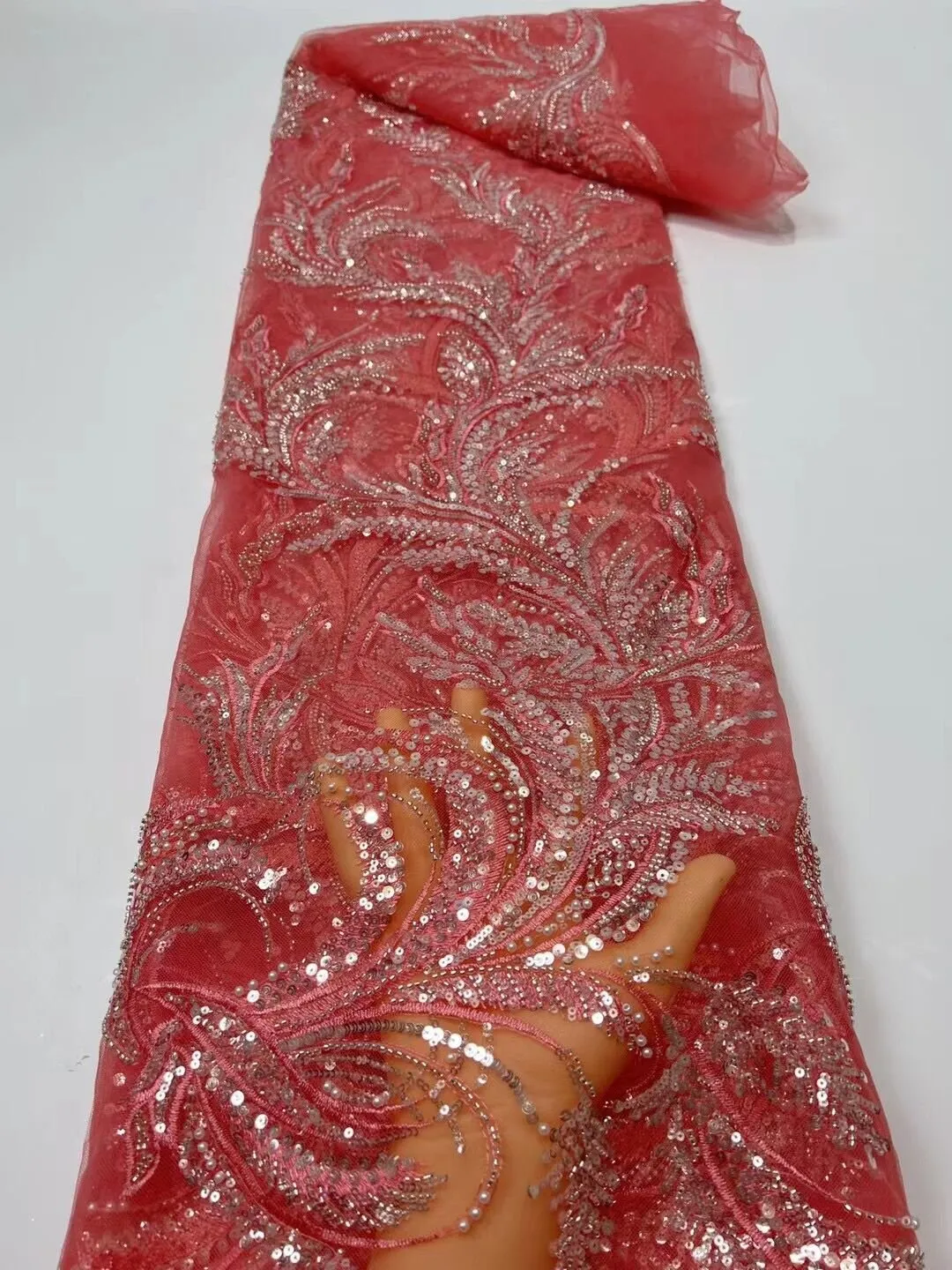 5 YARDS / 15 COLORS / Feriel Scroll Floral Beaded Glitter Embroidery Mesh Lace  Party Prom Bridal Dress Fabric