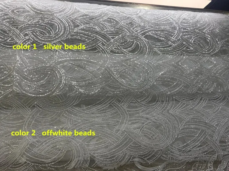 5 YARDS / 2 COLORS / Melinosia Swirly Sequin Beaded Embroidery Tulle Mesh Lace Dress Fabric