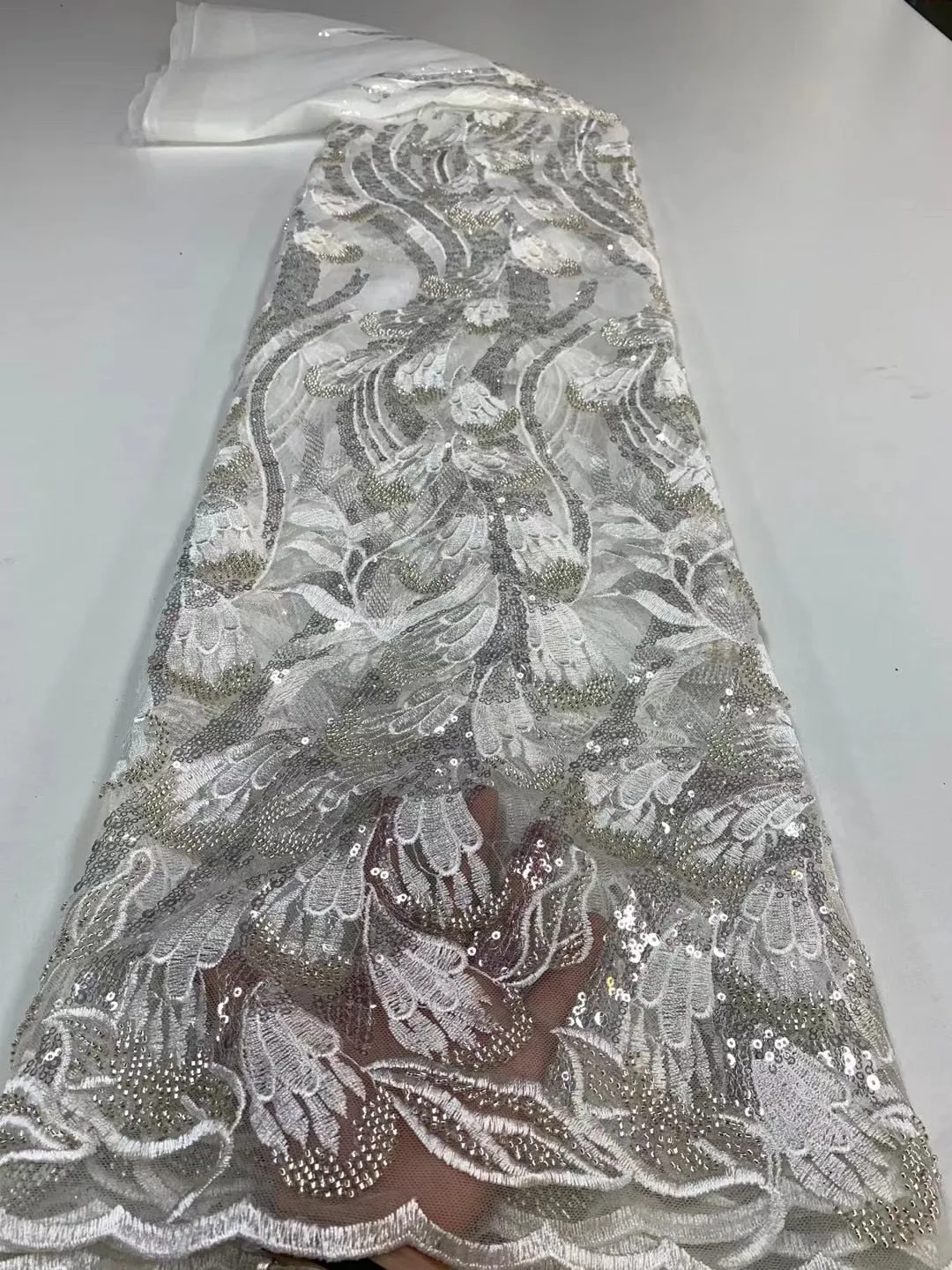 5 YARDS / 6 COLORS / Chanel Bird Feather Glitter Sequin Beaded Embroidery Tulle Mesh Lace Party Prom Bridal Dress Fabric