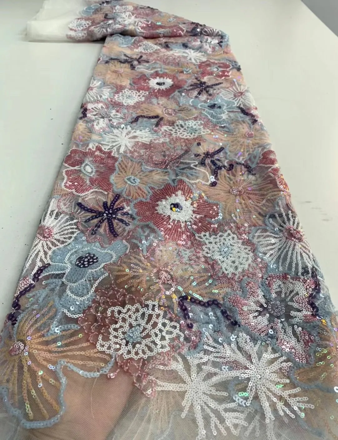 5 YARDS / 6 COLORS / Lexy Funky Multi Color Flower Glitter Sequin Beaded Embroidery Tulle Mesh Lace Party Prom Bridal Dress Fabric