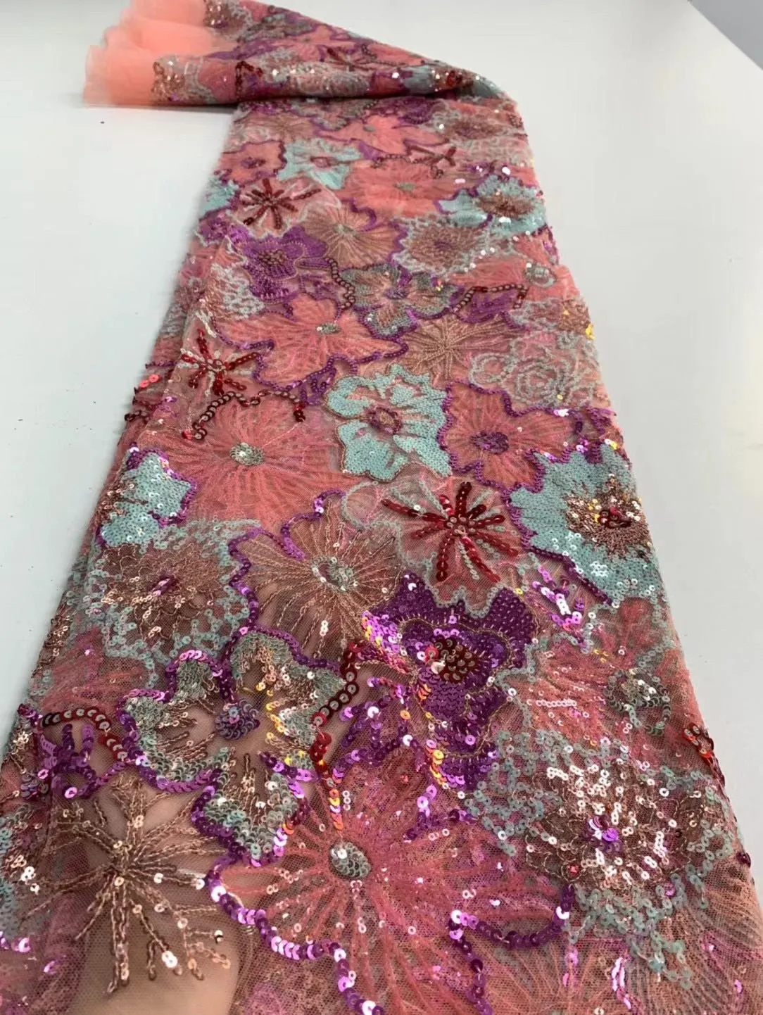 5 YARDS / 6 COLORS / Lexy Funky Multi Color Flower Glitter Sequin Beaded Embroidery Tulle Mesh Lace Party Prom Bridal Dress Fabric