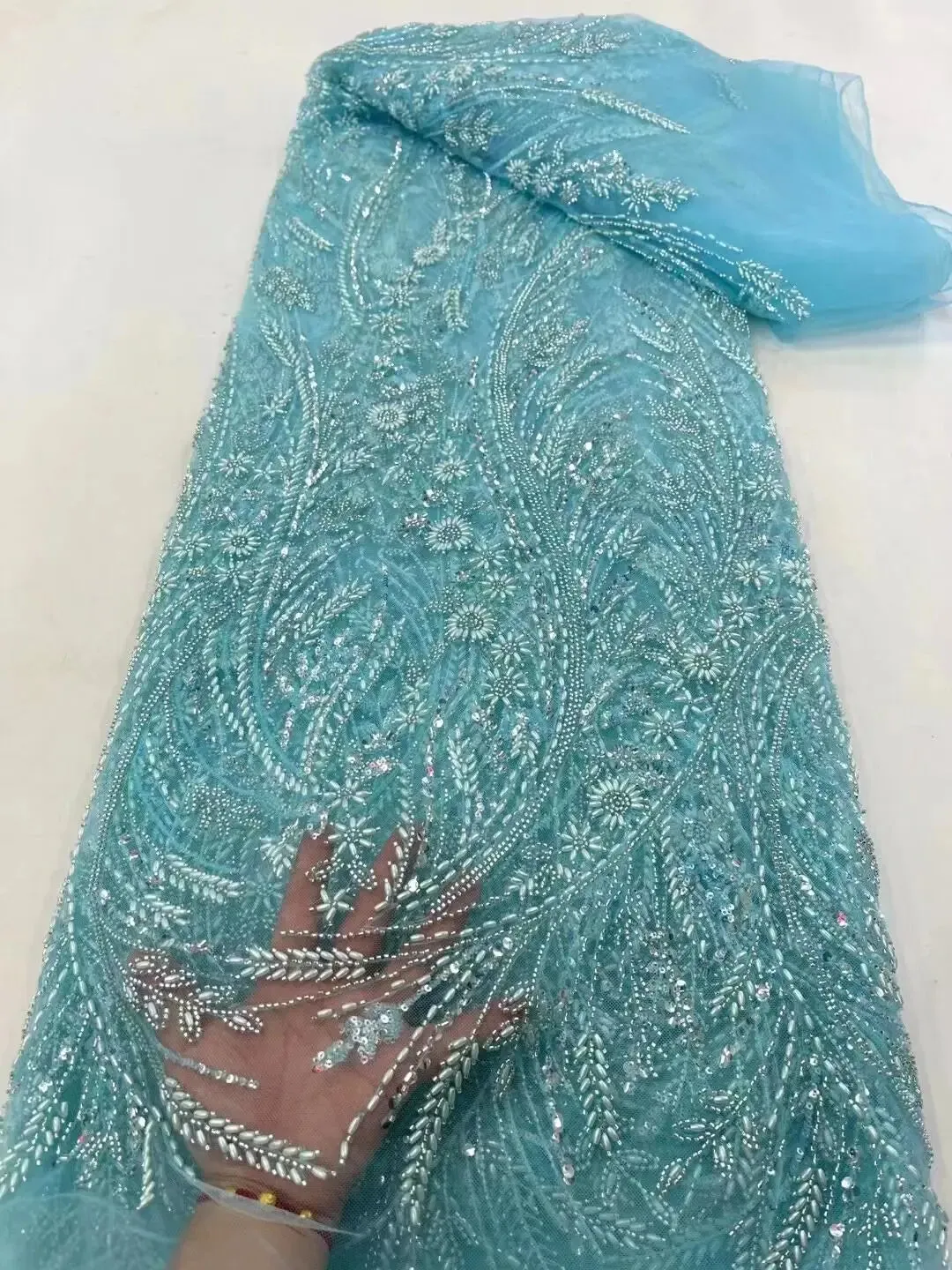 5 YARDS / 8 COLORS / Palexus Beaded Embroidery Glitter Mesh Lace  Party Prom Bridal Dress Fabric