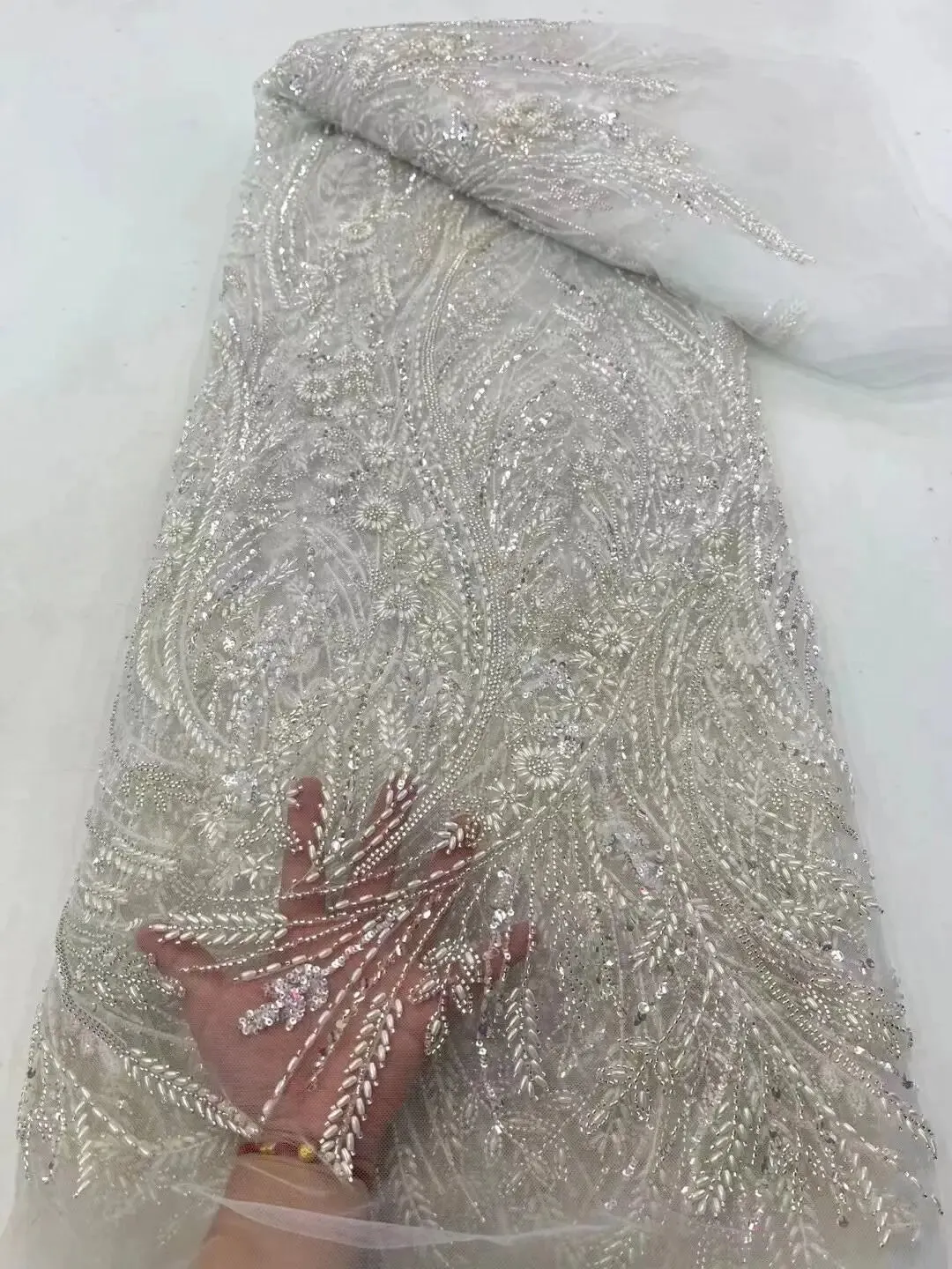 5 YARDS / 8 COLORS / Palexus Beaded Embroidery Glitter Mesh Lace  Party Prom Bridal Dress Fabric