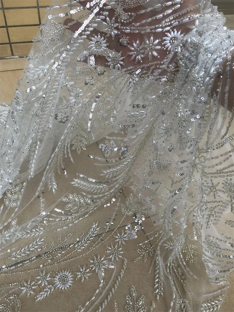 5 YARDS / 8 COLORS / Palexus Beaded Embroidery Glitter Mesh Lace  Party Prom Bridal Dress Fabric