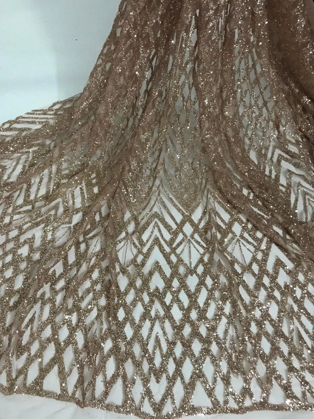 5 YARDS / Nicolette Brown Gold Geometric Embroidery Glitter Mesh Lace Wedding Party Dress Fabric