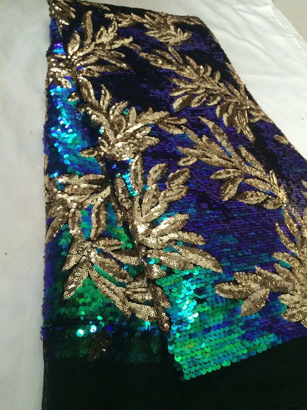 5 YARDS / Vanessa Iridescent Blue Green Gold Floral Sequin Embroidery Mesh Lace Party Prom Bridal Dress Fabric
