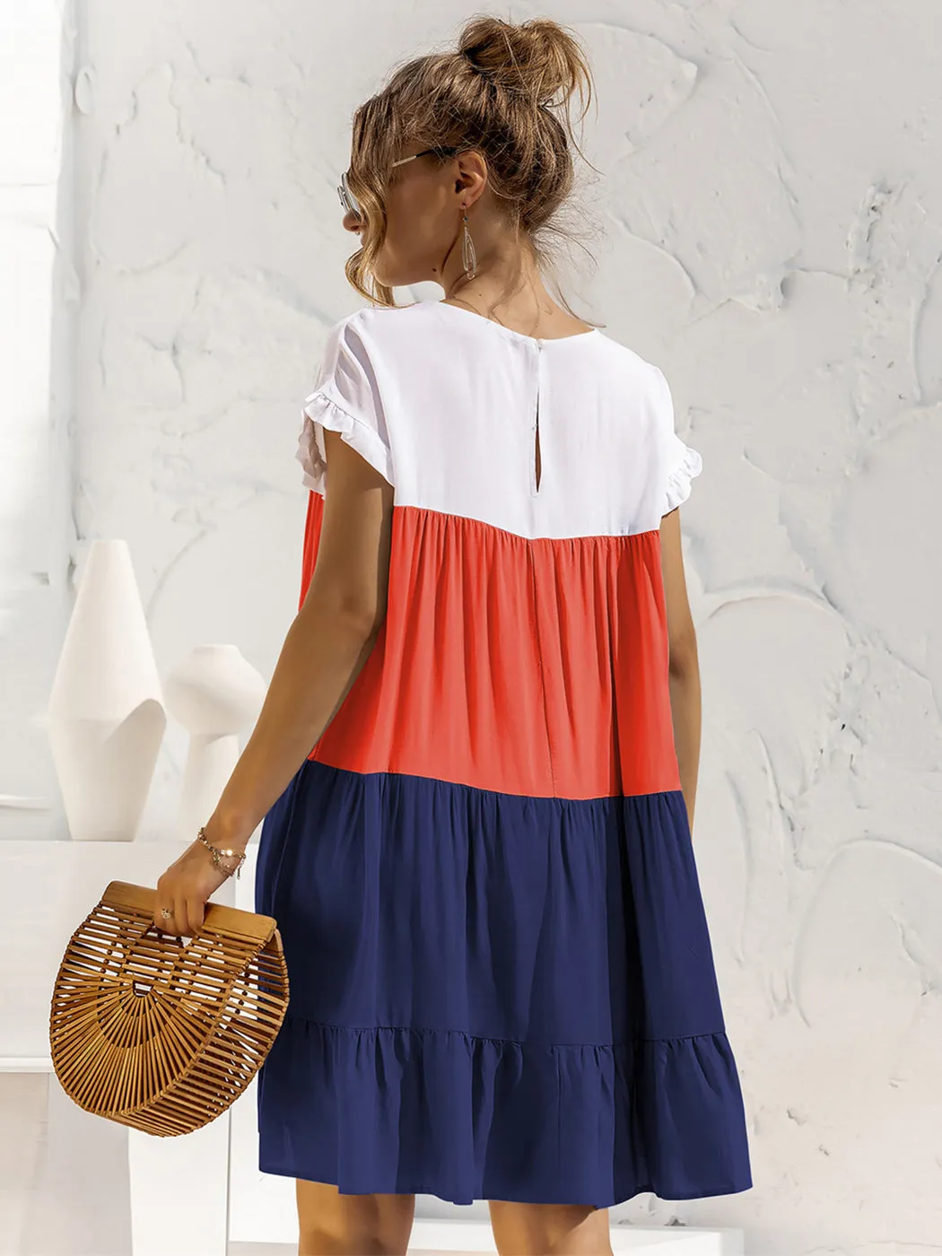 Anna-Kaci Women Mosaic Gradient Color Round Neck Ruffle Short Sleeve Mini Dresses