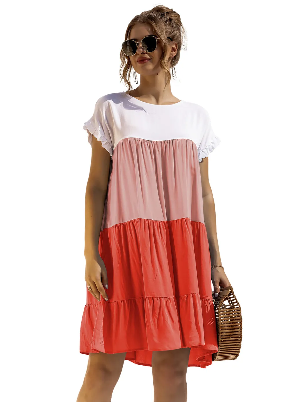 Anna-Kaci Women Mosaic Gradient Color Round Neck Ruffle Short Sleeve Mini Dresses