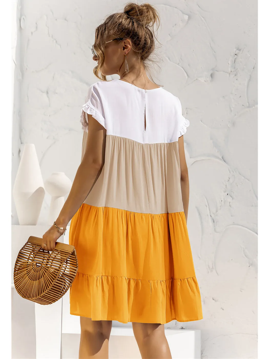 Anna-Kaci Women Mosaic Gradient Color Round Neck Ruffle Short Sleeve Mini Dresses