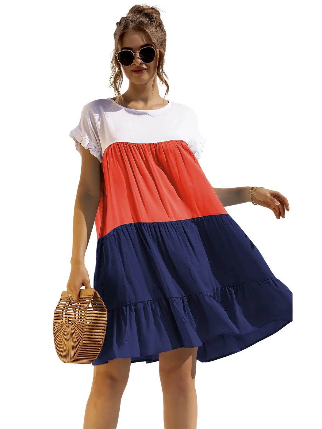 Anna-Kaci Women Mosaic Gradient Color Round Neck Ruffle Short Sleeve Mini Dresses