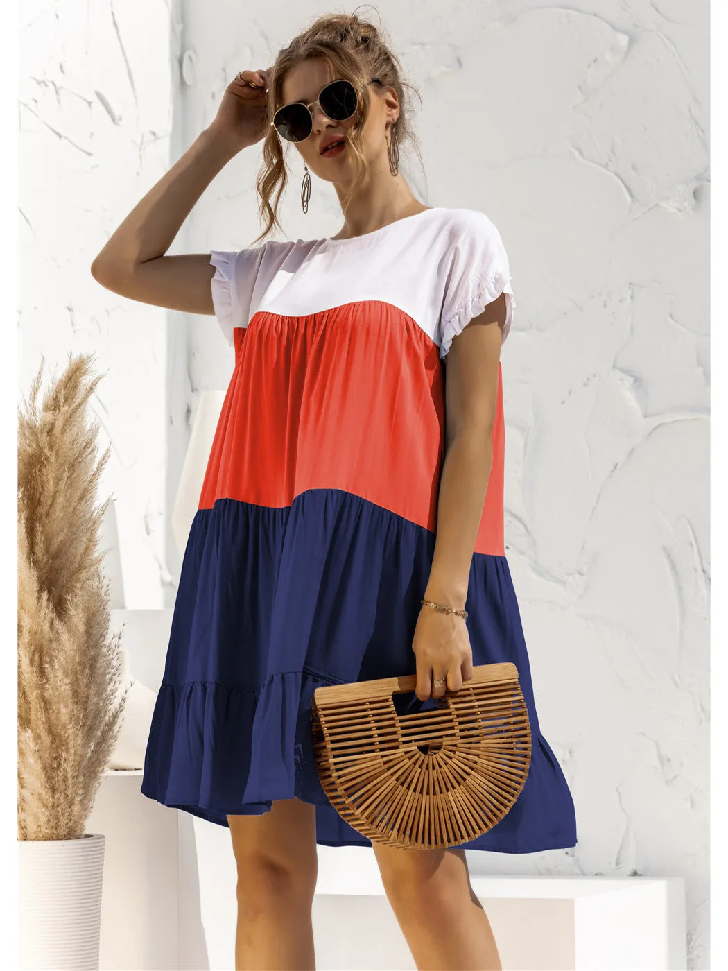 Anna-Kaci Women Mosaic Gradient Color Round Neck Ruffle Short Sleeve Mini Dresses