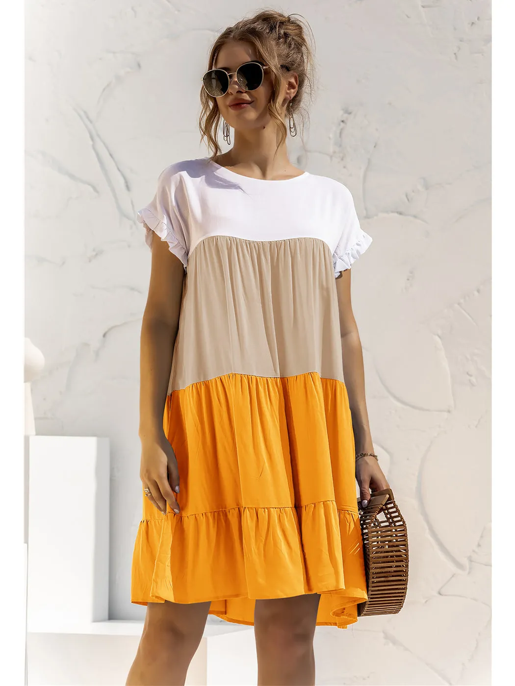 Anna-Kaci Women Mosaic Gradient Color Round Neck Ruffle Short Sleeve Mini Dresses