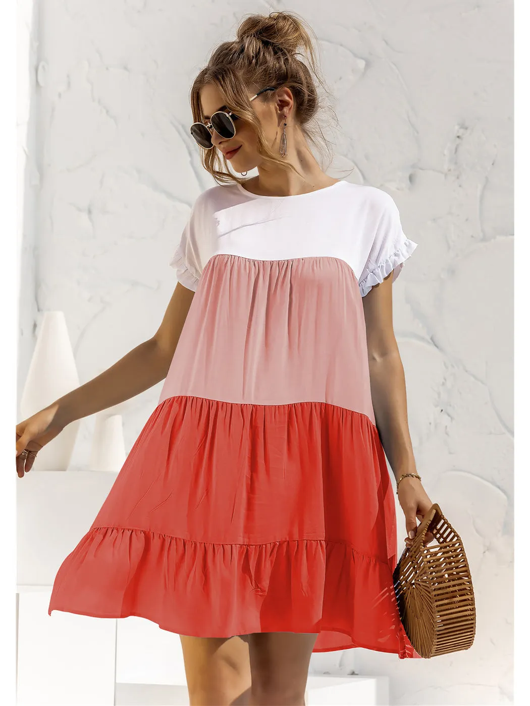 Anna-Kaci Women Mosaic Gradient Color Round Neck Ruffle Short Sleeve Mini Dresses