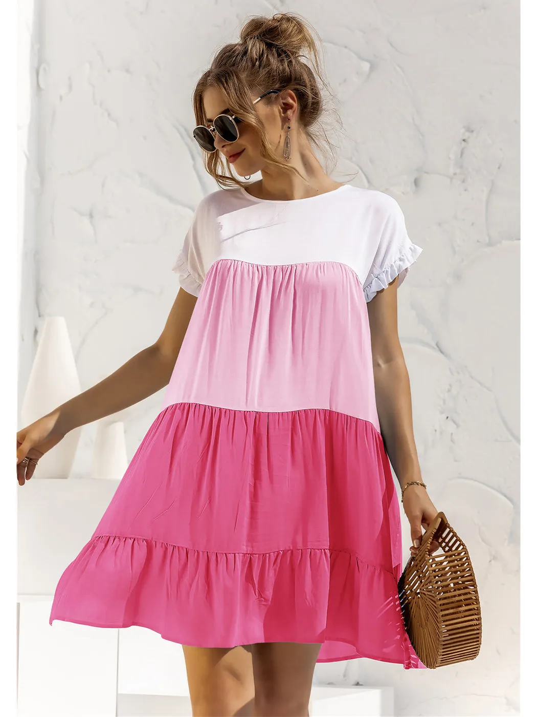 Anna-Kaci Women Mosaic Gradient Color Round Neck Ruffle Short Sleeve Mini Dresses