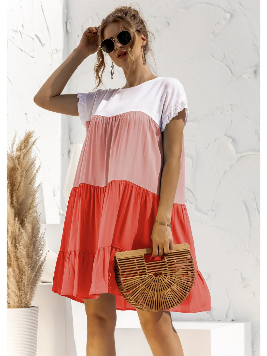 Anna-Kaci Women Mosaic Gradient Color Round Neck Ruffle Short Sleeve Mini Dresses