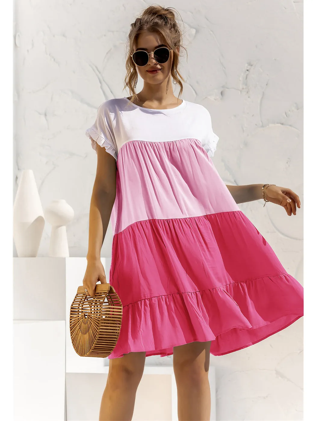 Anna-Kaci Women Mosaic Gradient Color Round Neck Ruffle Short Sleeve Mini Dresses