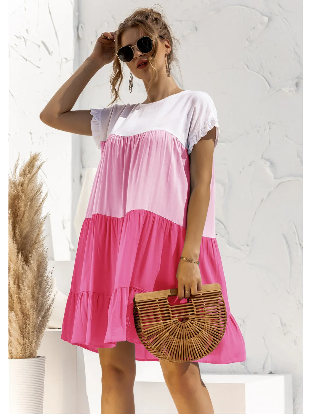 Anna-Kaci Women Mosaic Gradient Color Round Neck Ruffle Short Sleeve Mini Dresses