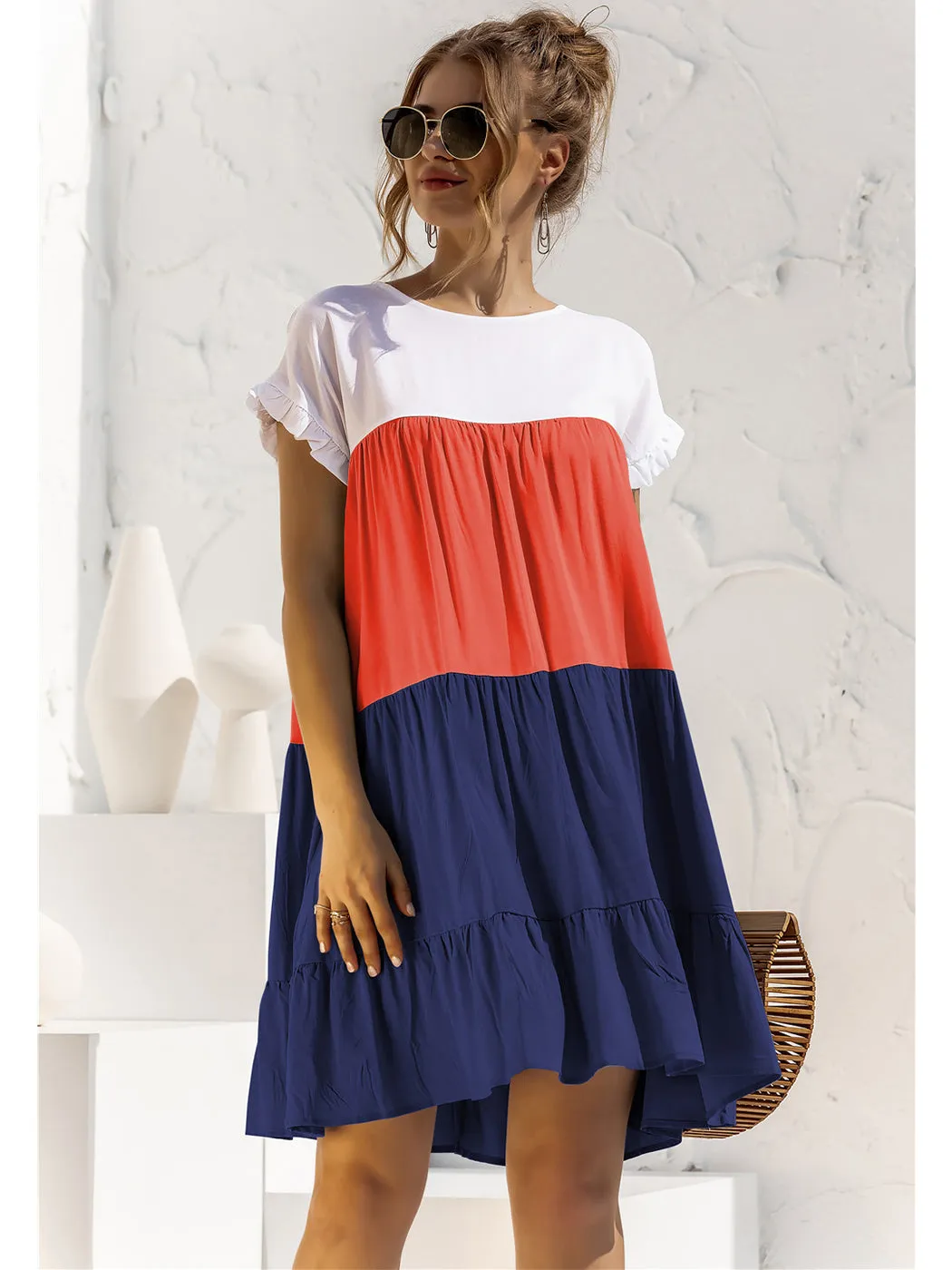 Anna-Kaci Women Mosaic Gradient Color Round Neck Ruffle Short Sleeve Mini Dresses