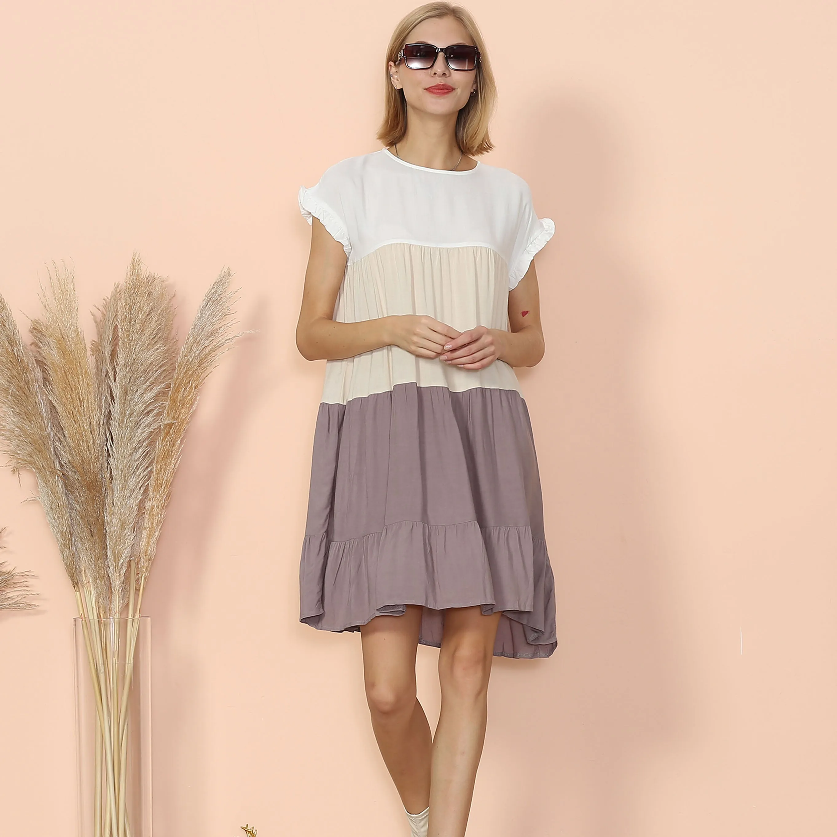 Anna-Kaci Women Mosaic Gradient Color Round Neck Ruffle Short Sleeve Mini Dresses