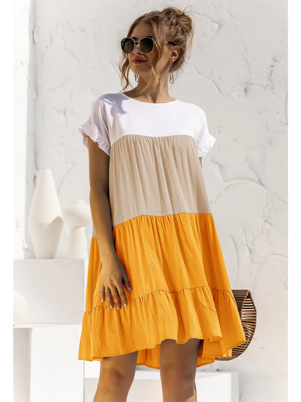 Anna-Kaci Women Mosaic Gradient Color Round Neck Ruffle Short Sleeve Mini Dresses