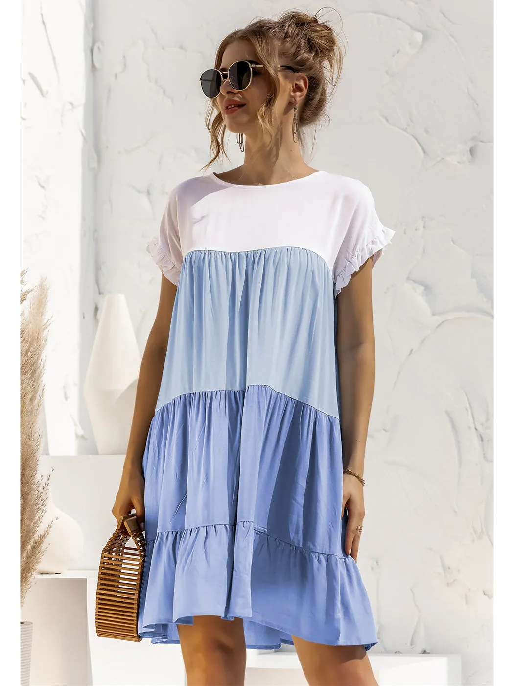 Anna-Kaci Women Mosaic Gradient Color Round Neck Ruffle Short Sleeve Mini Dresses