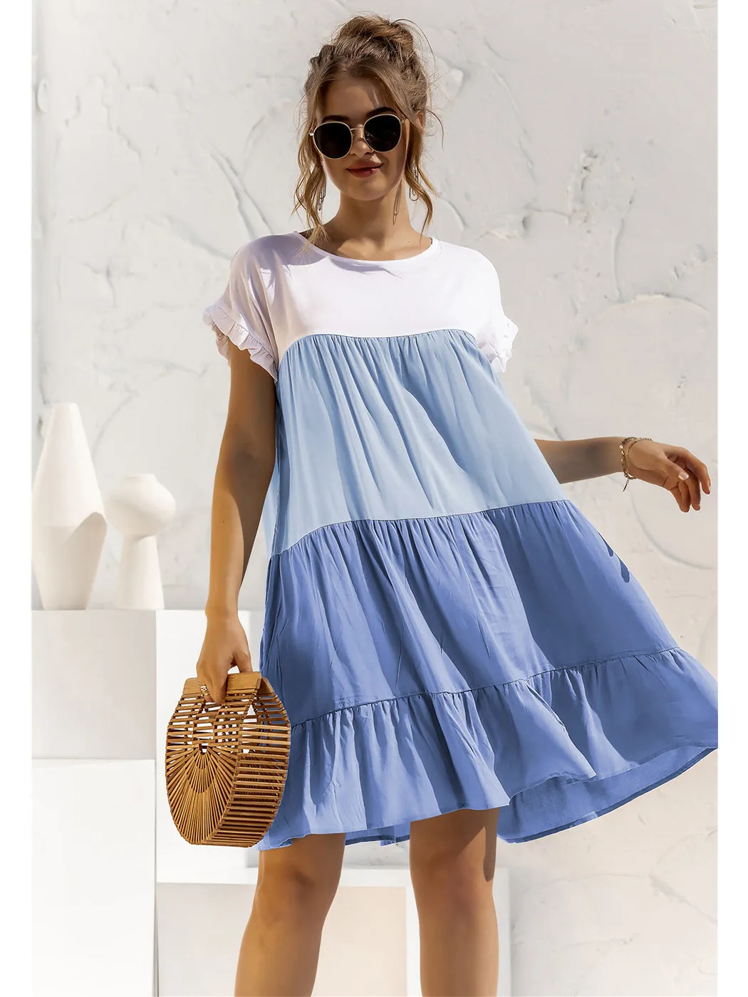 Anna-Kaci Women Mosaic Gradient Color Round Neck Ruffle Short Sleeve Mini Dresses