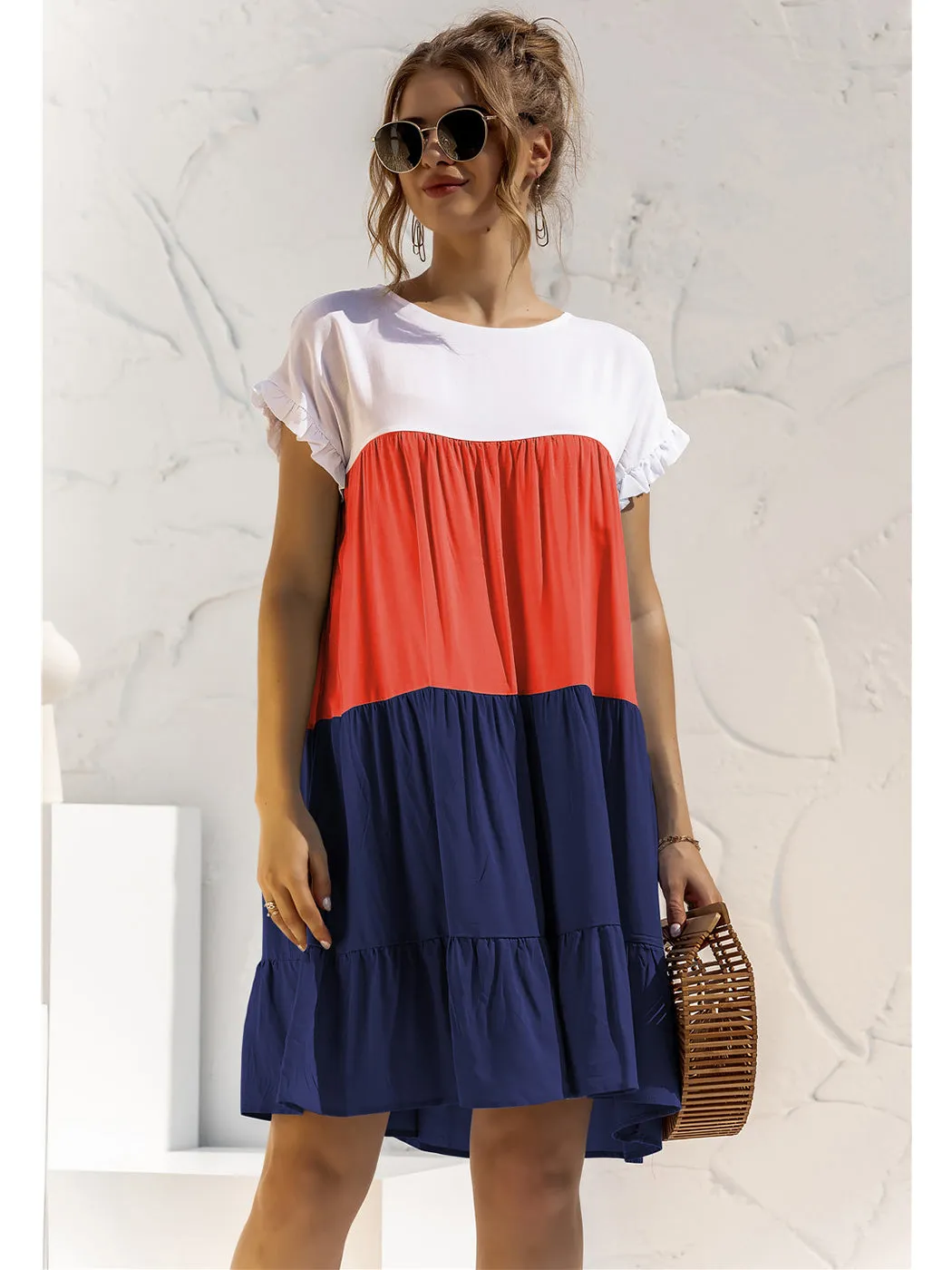 Anna-Kaci Women Mosaic Gradient Color Round Neck Ruffle Short Sleeve Mini Dresses