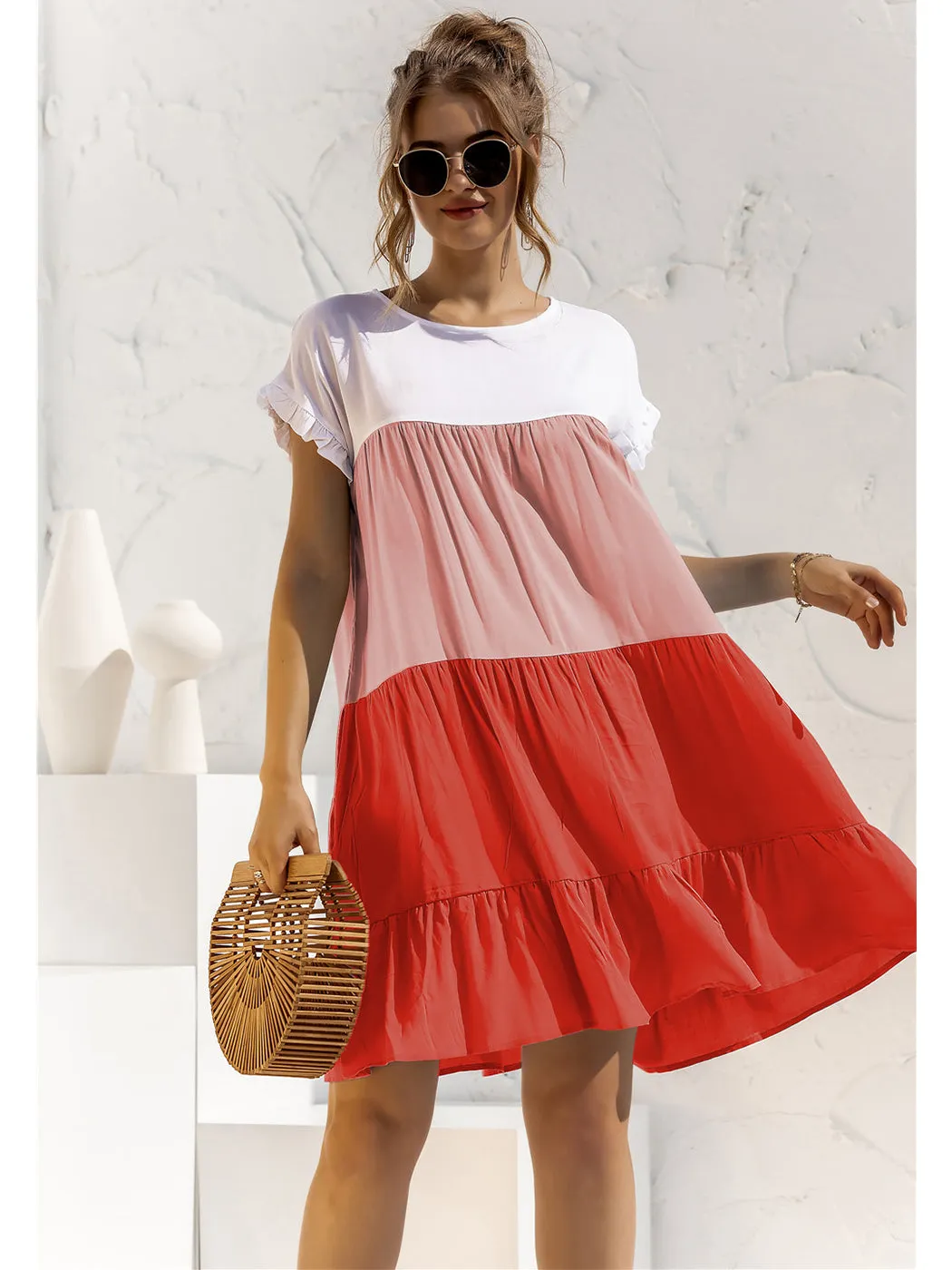 Anna-Kaci Women Mosaic Gradient Color Round Neck Ruffle Short Sleeve Mini Dresses