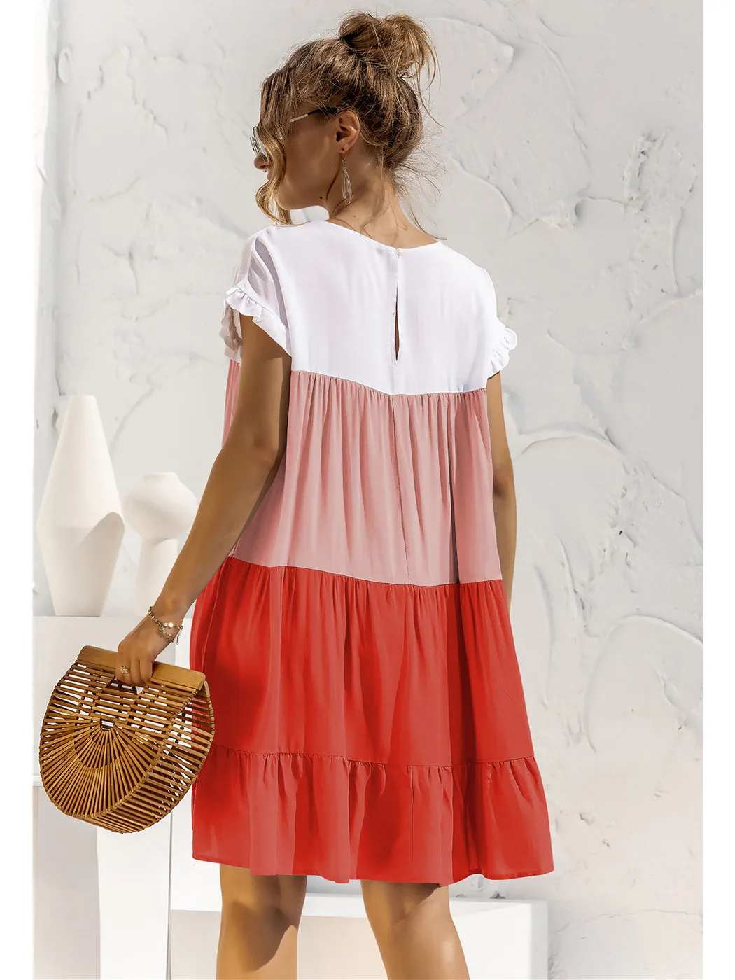 Anna-Kaci Women Mosaic Gradient Color Round Neck Ruffle Short Sleeve Mini Dresses